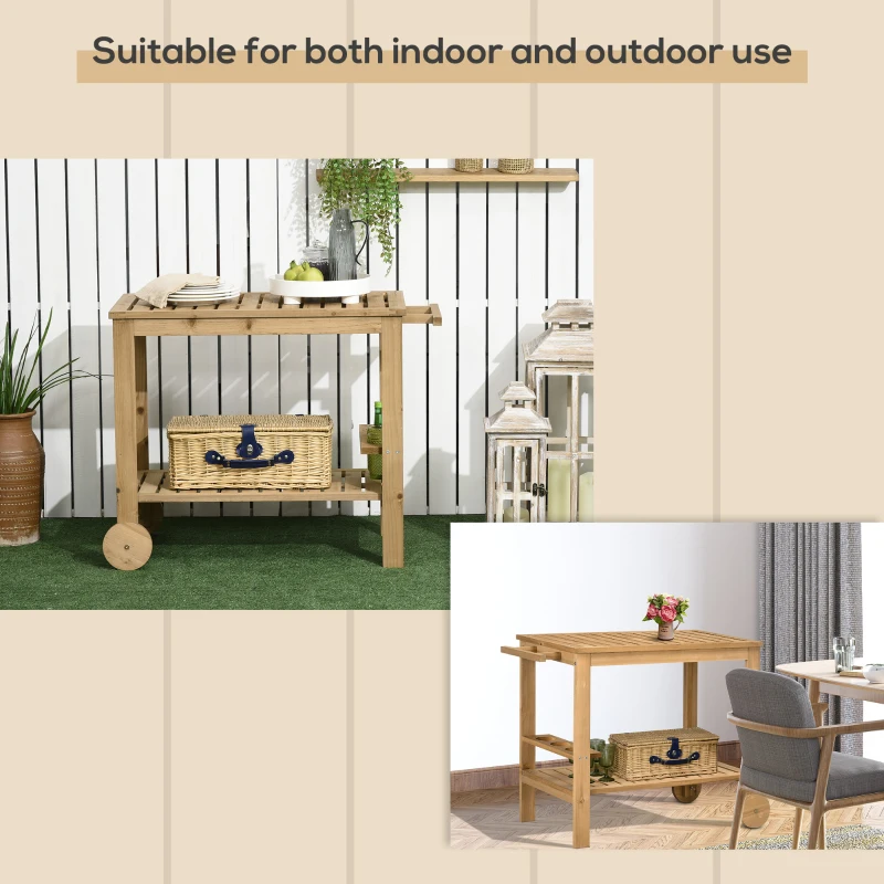 Outsunny Outdoor Bar Cart, Wood Rolling Home Bar & Serving Cart with 2 Shelves, Wine Bottle Holders for Garden, Dining Room, Natural