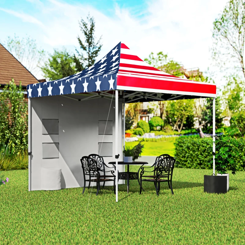 Outsunny 10' x 10' Heavy Duty Pop Up Canopy Tent with Sidewall, UPF50+ Instant Sun Shelter with Storage Pockets, American Flag