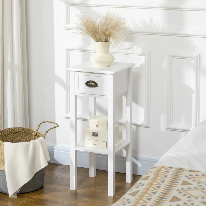 HOMCOM 2 Tier Side Table, Set of 2, Narrow Tall End Table with Drawer and Shelf, Slim Wooden Nightstand for Living Room, Bedroom, Hallway, White
