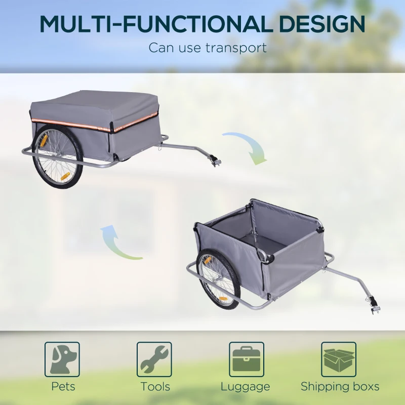 Aosom Bicycle Cargo Trailer Cart Carrier Garden Use w/ Quick Release, Cover, Grey