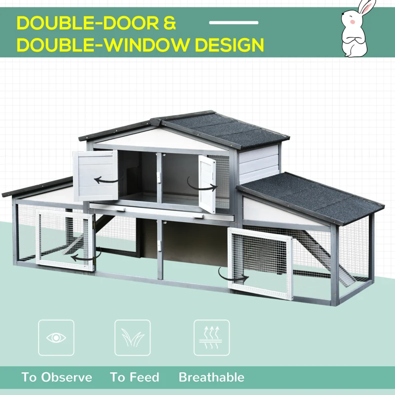 PawHut 89"L Outdoor Rabbit Hutch, Guinea Pig Cage Indoor Outdoor Wooden Bunny Hutch with Double Runs, Weatherproof Roof, Removable Tray, Ramps, Gray