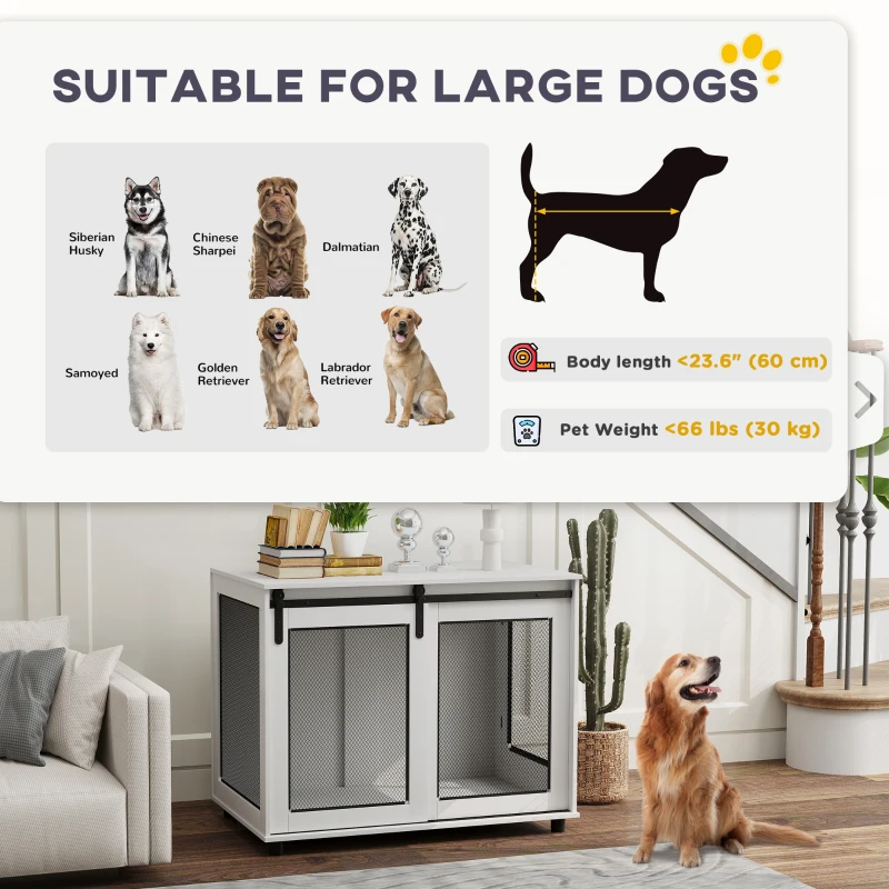 PawHut 39" Dog Crate Furniture with Sliding Barn Door, Furniture Style Dog Cage End Table for Large Dogs, White