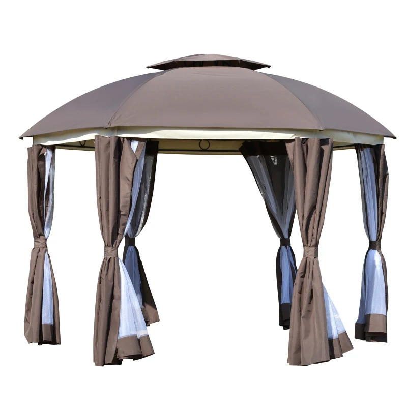 Outsunny 12' x 12' Round Outdoor Gazebo, Patio Dome Gazebo Canopy Shelter with Double Roof, Netting Sidewalls and Curtains, Zippered Doors, Strong Steel Frame, Brown