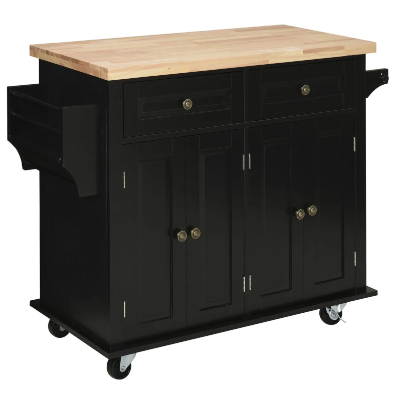 HOMCOM Rolling Kitchen Island with Rubber Wood Top and Storage, Spice Rack, Towel Rack, Black