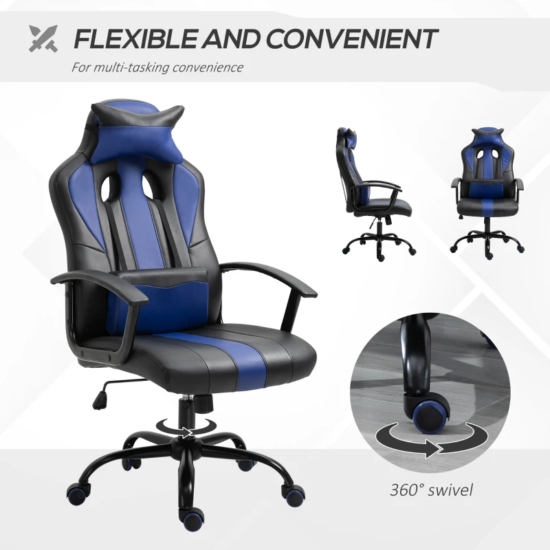 Vinsetto Office Chair High Back Racing Style Gaming Chair Adjustable PU Leather Swivel Computer Task Seat with Lumbar Support and Pillow Blue