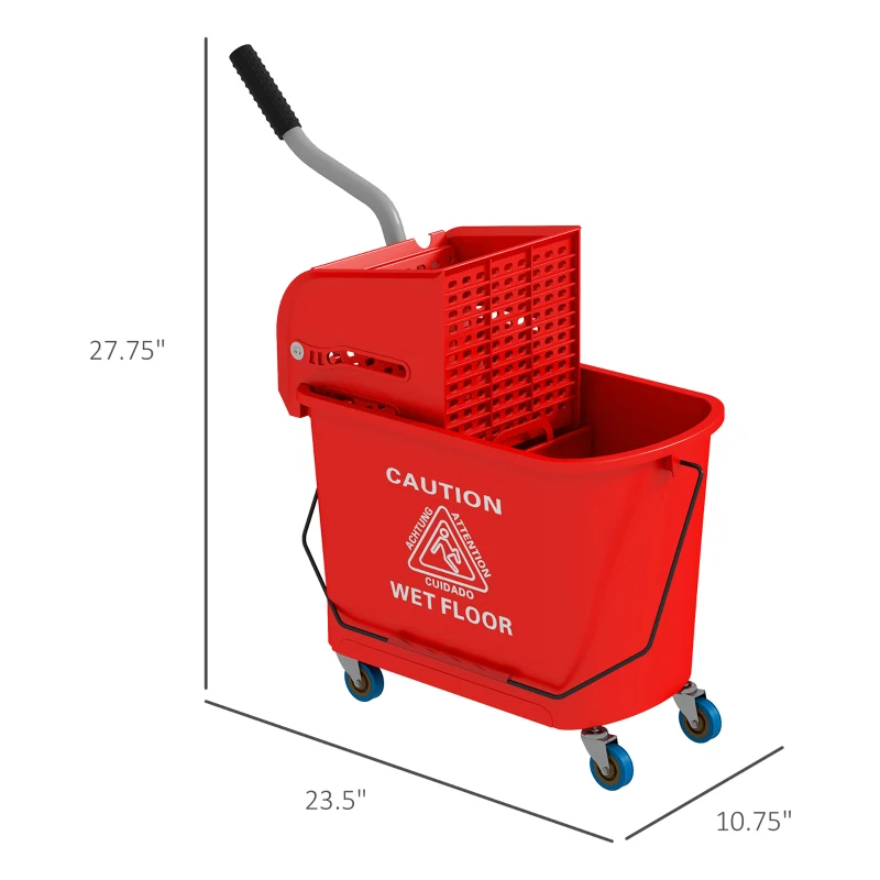 HOMCOM Compact Mop Bucket with Wringer, Mop Bucket on Wheels for Floor Cleaning, 21 Quart, Separate Dirty and Clean Water, Red