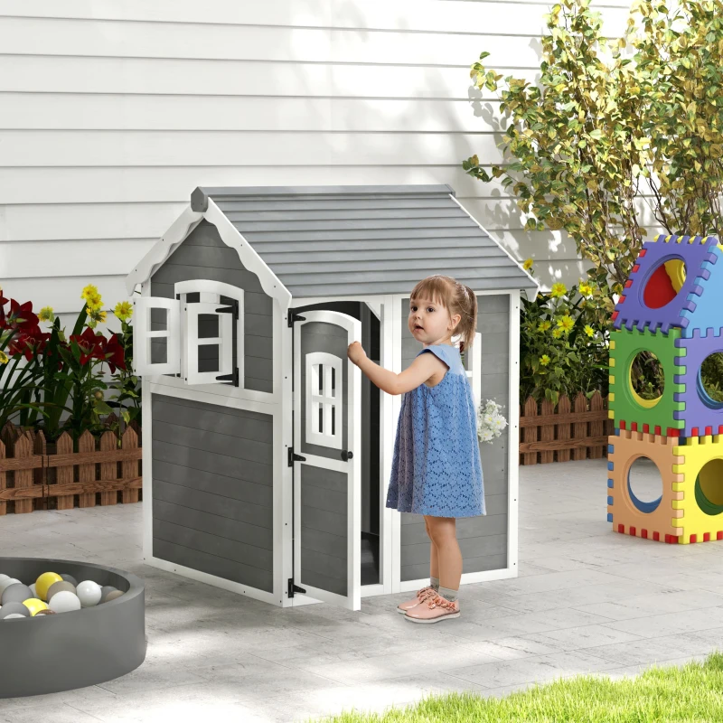 Outsunny Outdoor Wooden Playhouse for Kids with Floor, Door, Windows, Planter Box for 3-8 Years Old, Backyard, Lawn, Garden
