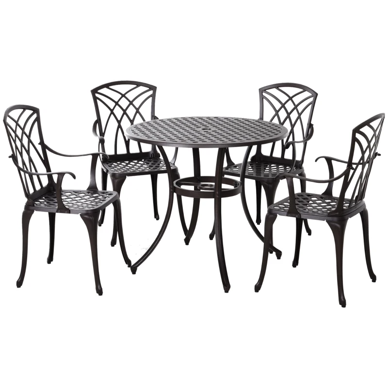 Outsunny 5 Pieces Outdoor Dining Set, Cast Aluminium Patio Table and Chairs with Parasol Hole, Patio Dining Set for 4, Brown