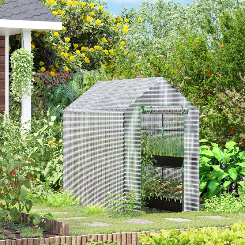 Outsunny 47.25" x 73.25" x 74.25" Walk-in Greenhouse, Outdoor Portable Green House with 4 Shelves, Plant Flower Growing Warm House with Roll-up Door, White
