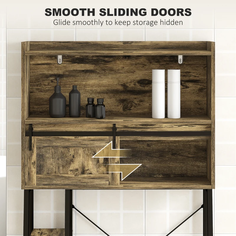 HOMCOM Over the Toilet Storage Cabinet, Over Toilet Bathroom Organizer with 3 Compartments, 4 Open Shelves, Rustic Brown