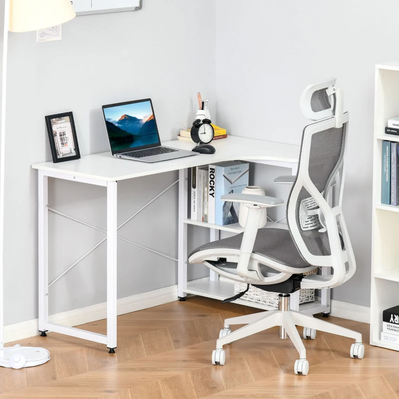 HOMCOM L-Shaped Computer Desk Home Office Corner Desk Study with Wide Desktop, 2 Side Shelves, Steel Frame, White