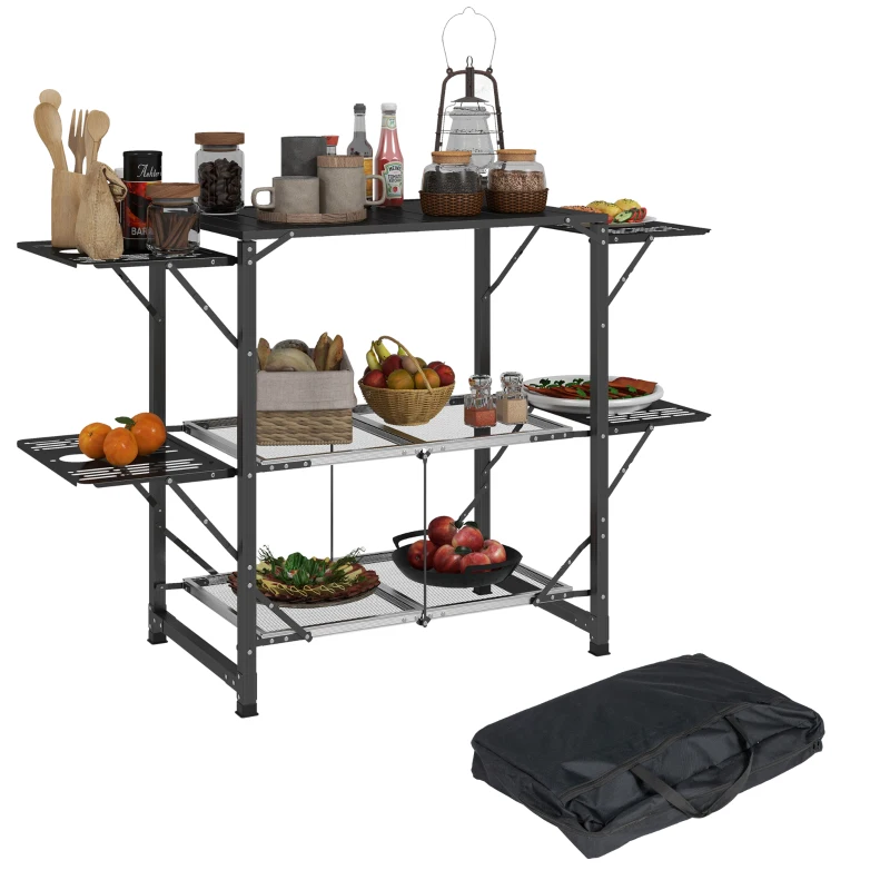 Outsunny Aluminum Camping Kitchen, Folding Cook Station with Carrying Bag, 4 Side Tables, 2 Shelves for BBQ, RV, Picnic, Black