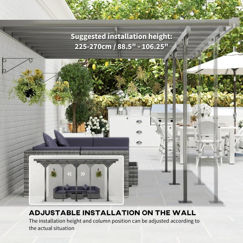 Outsunny 14.5' x 10' Aluminum Polycarbonate Pergola with UV Blocking for Outdoor Wall-Mounted Use, Family Shade, Gray