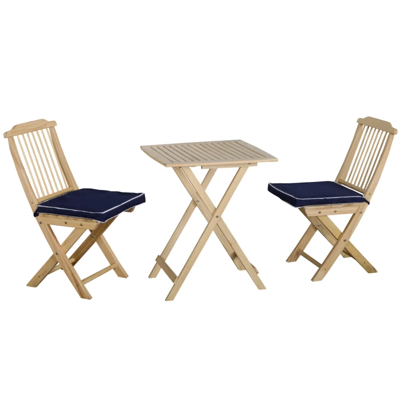 Outsunny 3 Pieces Patio Folding Bistro Set, Outdoor Pine Wood Table and Chairs Set with Tie-on Cushion & Square Coffee Table, Great for Indoor, Poolside, Garden, Dark Blue