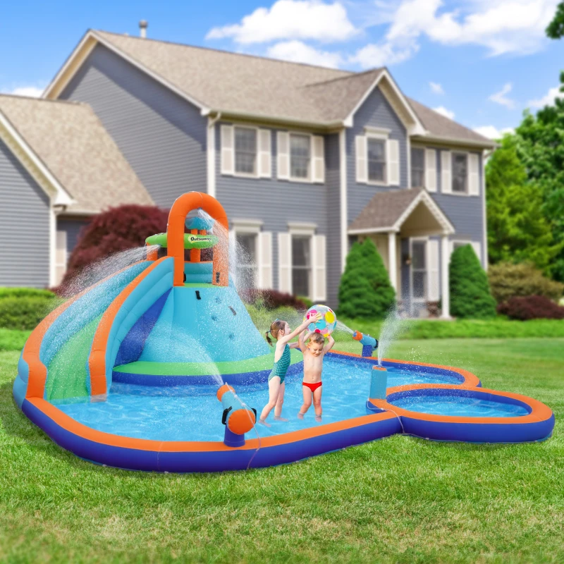 Outsunny 4 in 1 Kids Bounce House w/ Slide, Pool, Climbing Wall, Water Cannon, Blower, Carrying Bag for 3-8 Years