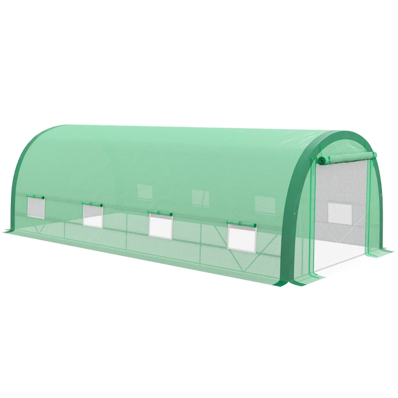 Outsunny 19.5' x 10' x 6.5' Upgraded Tunnel Greenhouse Green House with Mesh Door and Windows, 15 Plant Labels and Gloves, Green