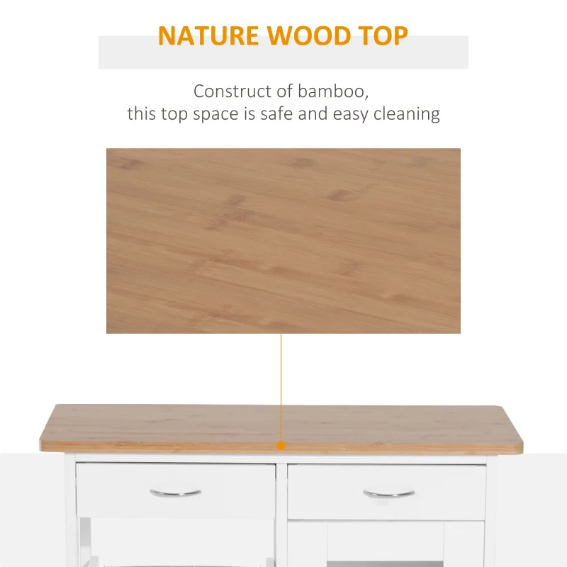 HOMCOM 28" Rolling Kitchen Island with Storage, Kitchen Cart with Solid Bamboo Top, Wire Basket,Door Cabinet and Drawers, White