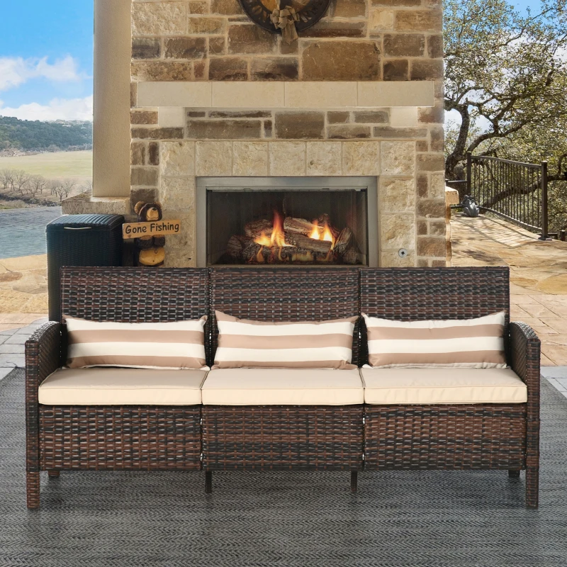 Outsunny 3-Seater Wicker Sofa, PE Rattan Outdoor Couch Conversation Furniture with Removable Cushions for Patio, Garden, Brown