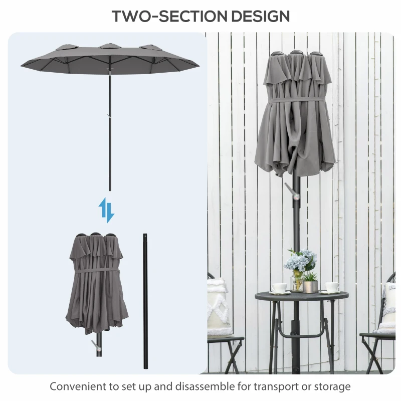 Outsunny Double Sided Patio Umbrella, 9.5' Large Outdoor Market Umbrella with Push Button Tilt and Crank, 3 Air Vents and 12 Ribs, for Garden, Deck, Pool, Gray(m-8)