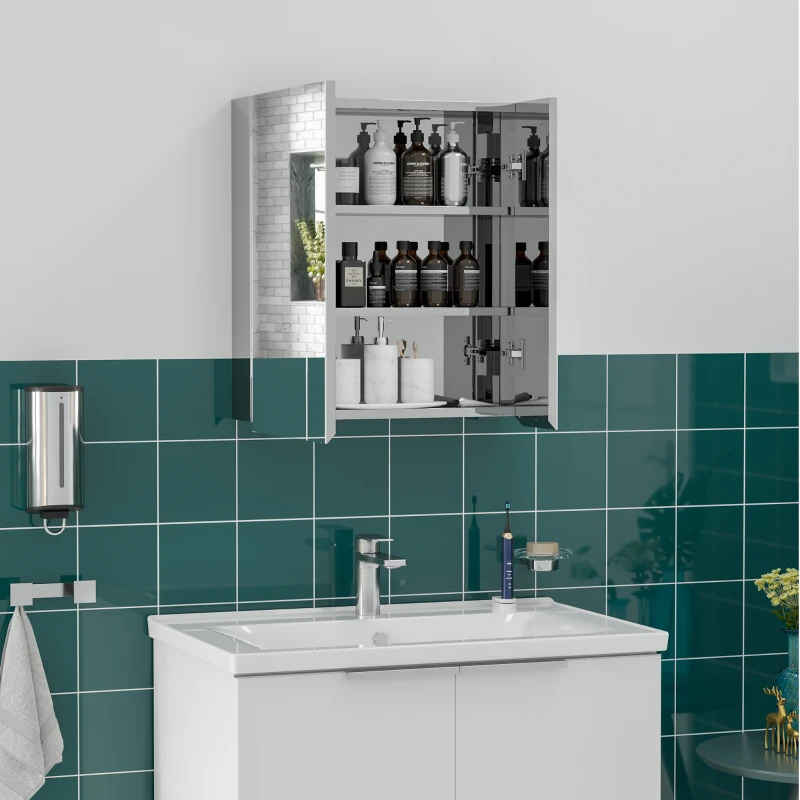 kleankin Wall Mounted Medicine Cabinet with Mirror Wall Mirror Cabinet with Hinged Doors 3-Tier Storage Shelves Silver