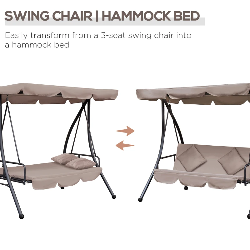 Outsunny Patio Swing Chair, 3 Person Convertible Hammock, Outdoor Lounge Bed, Cushioned with Tilt Canopy, Beige