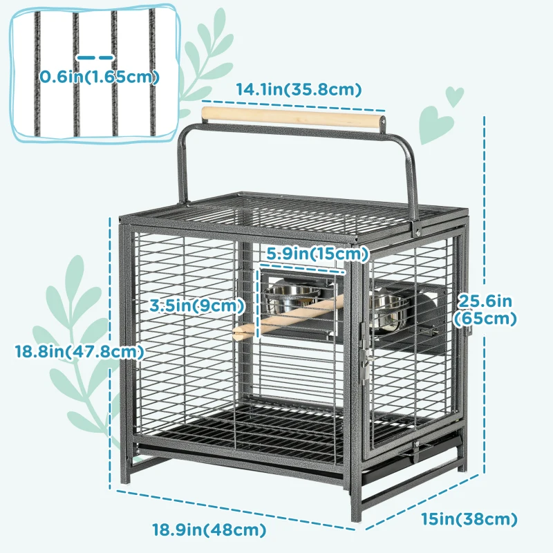 PawHut Bird Travel Carrier Cage for Parrots Conures African Grey Cockatiel Parakeets with Stand Perch, Stainless Steel Bowls, Pull Out Tray, Black