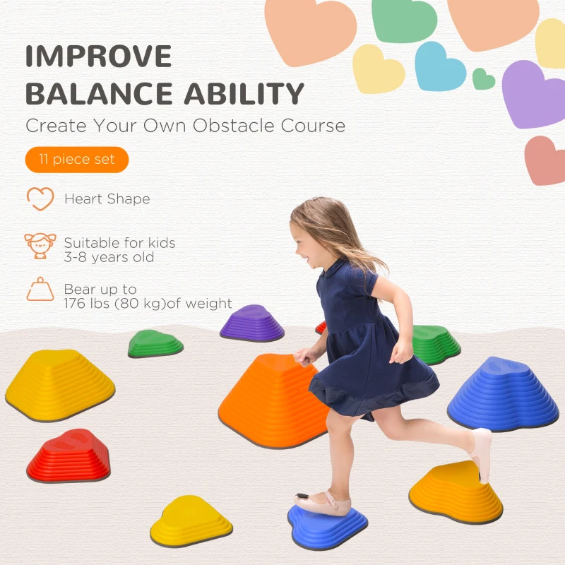 Qaba 11PCs Non-Slip Stackable Kids Stepping Stones, Heart-Shaped