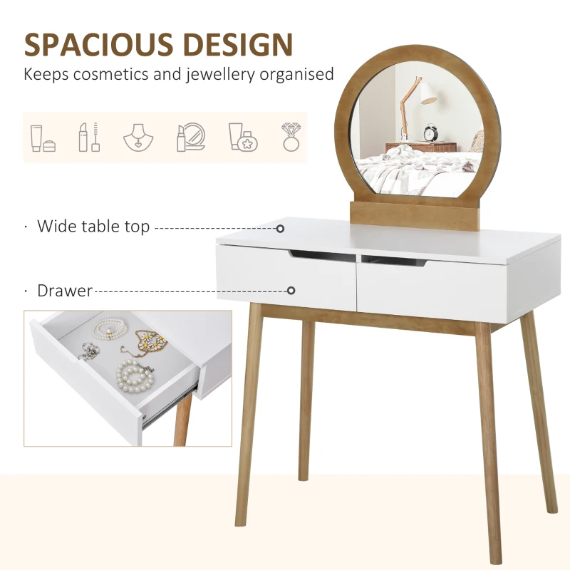 HOMCOM Makeup Vanity Table with Round Mirror and 2 Drawers, Dressing Table with Cushioned Stool Set for Bedroom (Natural Wood)