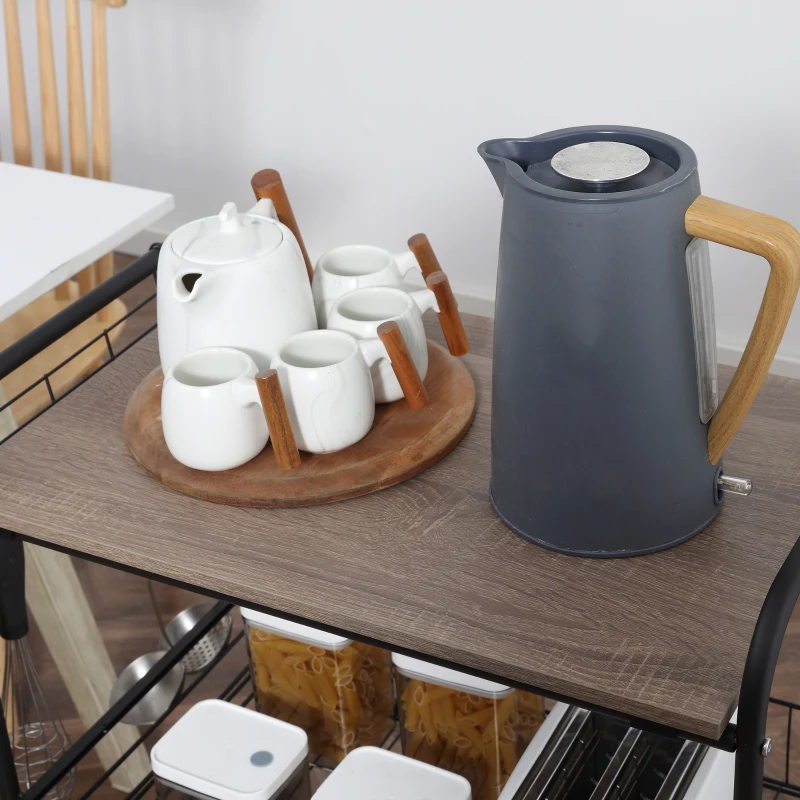 HOMCOM 3 Tier Kitchen Cart with Storage, Rolling Kitchen Island Cart with 2 Sliding Fruit Basket and Side Hooks for Dining Room, Oak