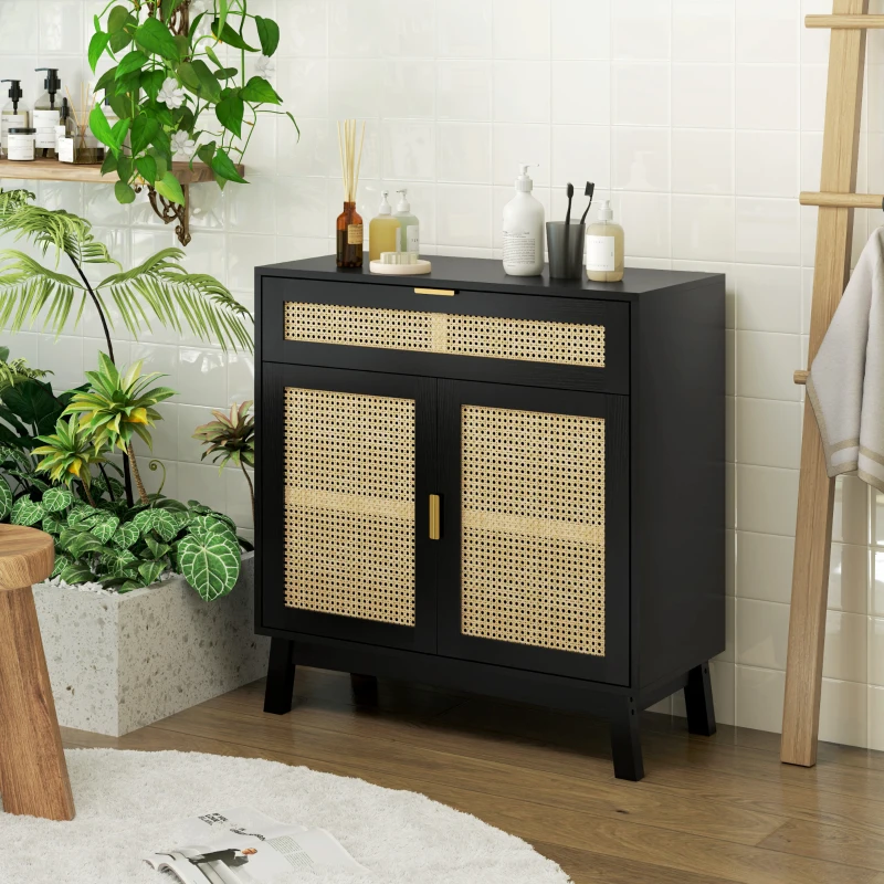 HOMCOM Boho Sideboard Storage Cabinet with Rattan Doors, Black