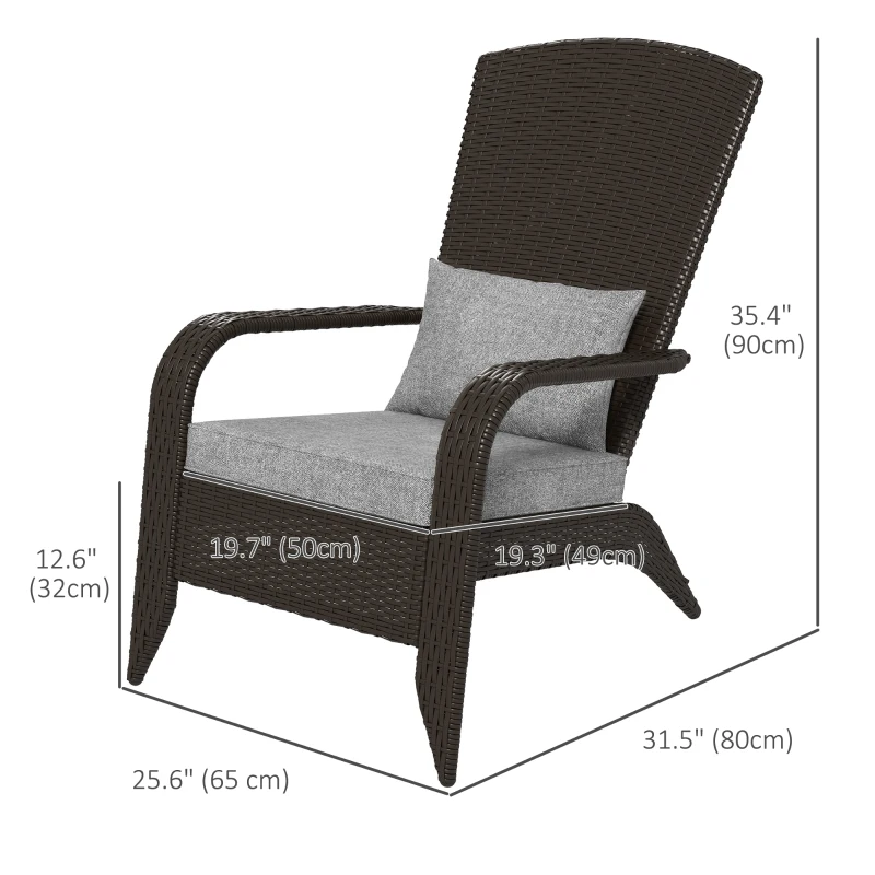 Outsunny Patio Wicker Adirondack Chair, Outdoor Rattan Muskoka Chair with Cushions for Patio, Garden, Backyard, Grey