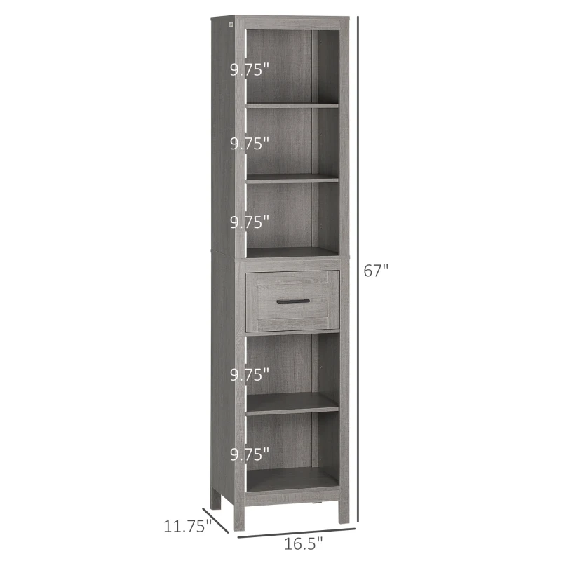 kleankin Narrow Bathroom Storage Cabinet with Drawer and 5 Tier Shelf, Tall Cabinet Freestanding Linen Tower, Slim Corner Organizer, Gray