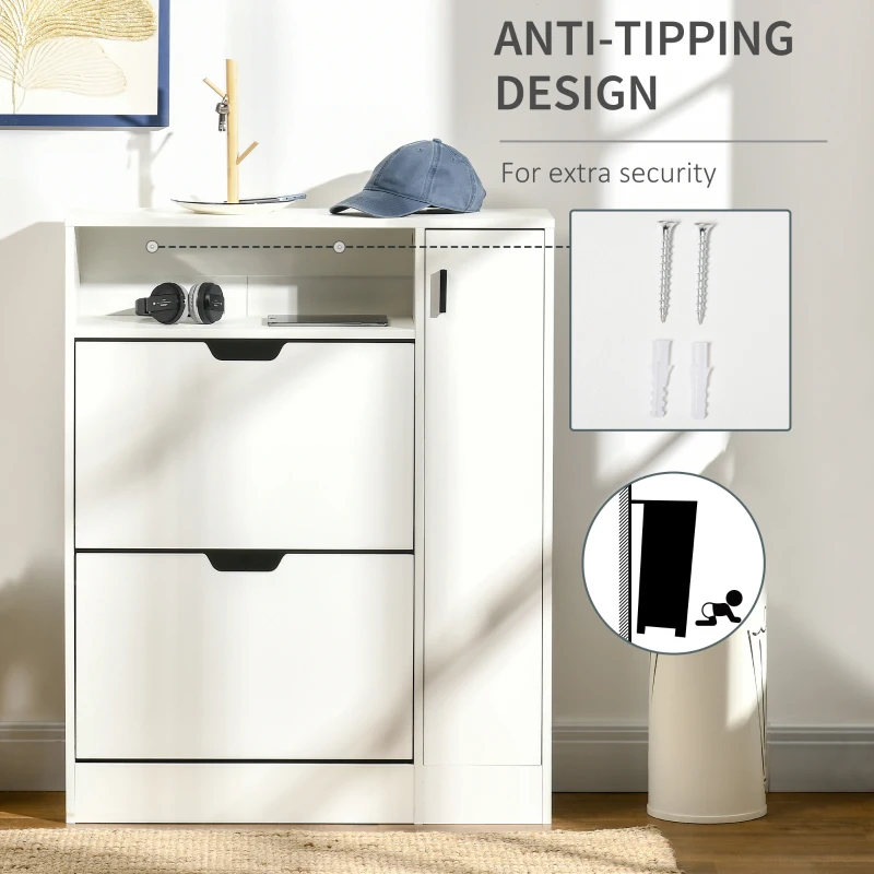 HOMCOM Modern Shoe Cabinet, 12 Pairs Shoe Storage Cabinet with 2 Flip Drawers, Adjustable Shelves, Open Shelf and Compartment for Umbrella, Hallway Entryway, White