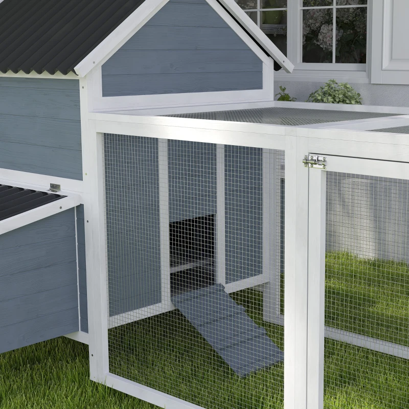 PawHut 156" Extra Large Wooden Chicken Coop with 2 Nesting Box, Run Cage, Waterproof Wave Roof, for 10-15 Chickens, Light Gray