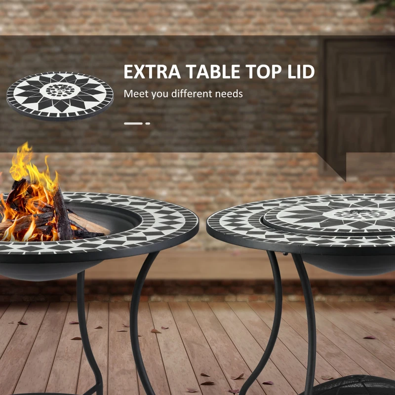 Outsunny 30" Outdoor Fire Pit Dining Table, 3-in-1 Round Wood Burning Fire Pit Bowl, Patio Ice Bucket with Storage Shelf, Spark Screen Cover for BBQ, Bonfire, Camping, Mosaic