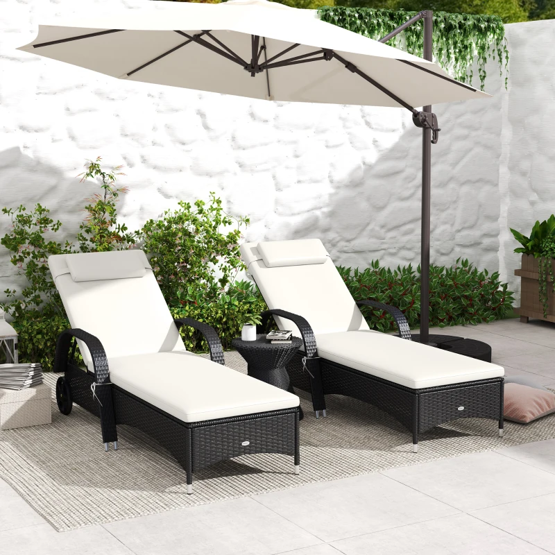 Outsunny 2 Reclining Chaise Lounge Chairs, Rolling Outdoor Chairs with Cushion, Pillow, Headrest, Armrests, and Wheels, Cream