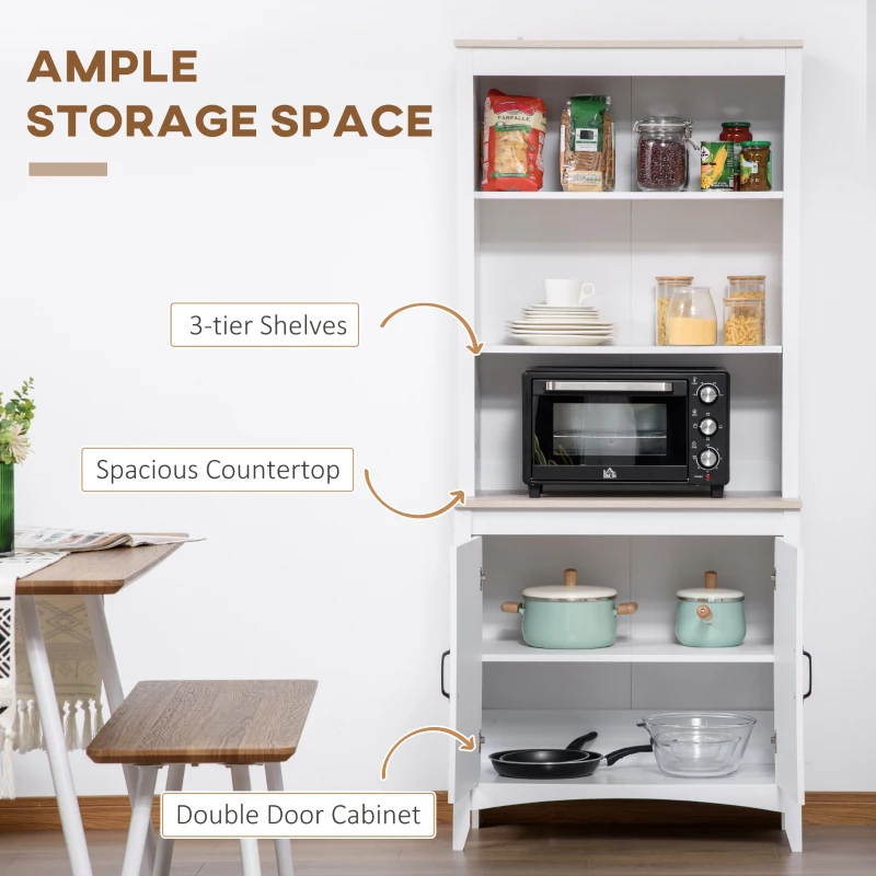 HOMCOM 70" Kitchen Hutch, Freestanding Storage Pantry Cabinet with 3-Tier Shelving, Sideboard with Adjustable Shelves and Open Countertop, White