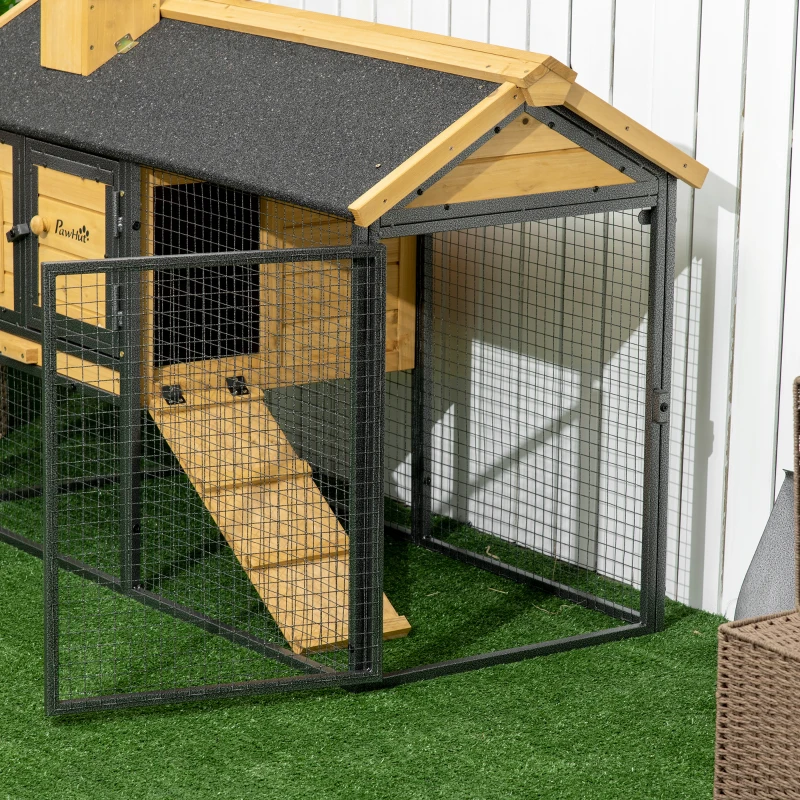 PawHut 47" Wooden Rabbit Hutch Outdoor with Run, Metal Frame, 2-Story Bunny Rabbit Cage with Removable Tray, Ramp, Bunny Hutch with Space-Saving Design for Rabbits, Chickens, Ducks