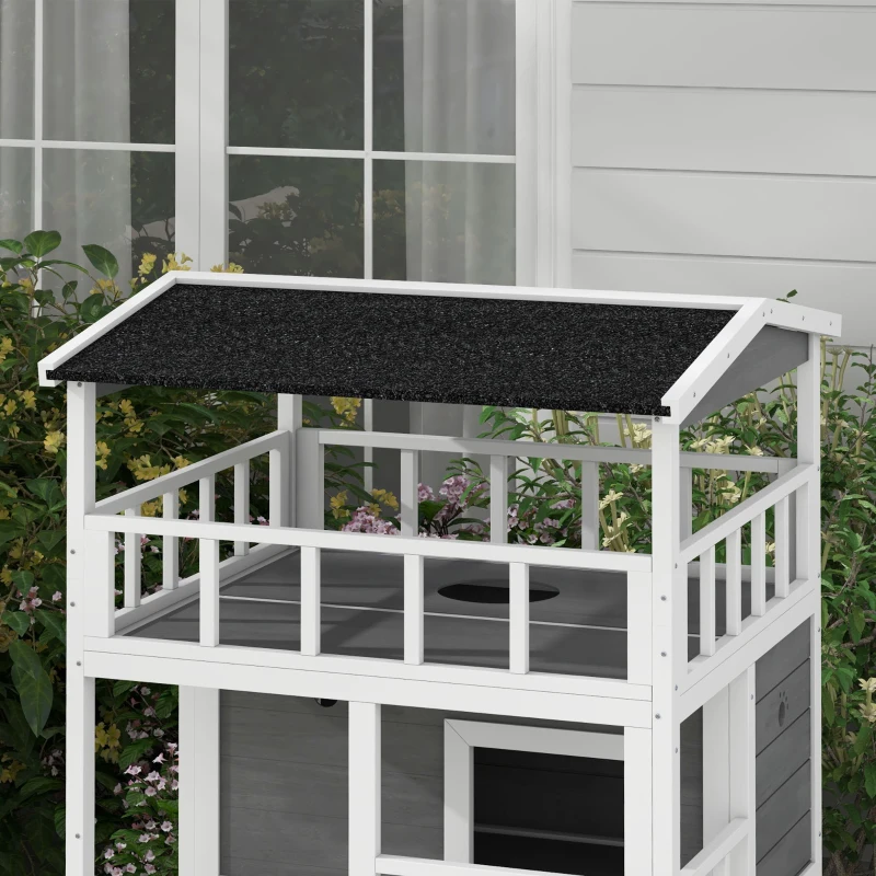 PawHut Wooden Outdoor Cat House with Asphalt Roof, Escape Doors, Condo, Jumping Platform, Light Gray