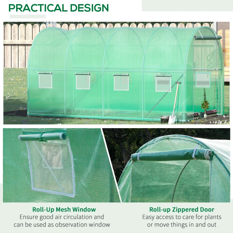 Outsunny Walk-in Tunnel Greenhouse, 13 x 6.4 x 6.5 ft Hoop House with Zipped Roll-Up Door and 8 Mesh Windows, Outdoor Greenhouse with Galvanised Steel Frame, Green