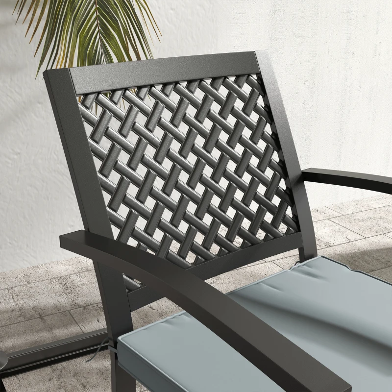 Outsunny 5-Piece Outdoor Dining Set with 4 Stackable Cushioned Armchairs, Patio Furniture Sets with Umbrella Hole Metal Plate Table, for Garden Deck Poolside Lawn Yard, Grey