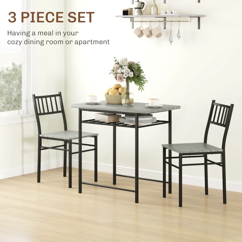 HOMCOM 3-Piece Small Dining Table Set for 2, Kitchen Table and Chairs with Storage Rack and Steel Frame, Gray
