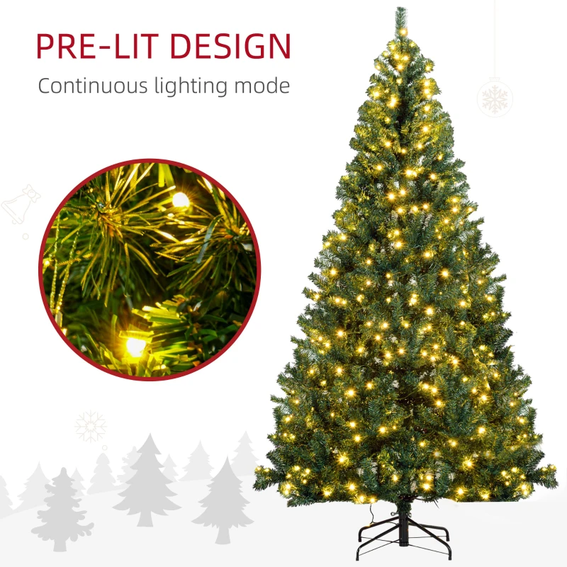HOMCOM 7.5 FT Tall PreLit Artificial Christmas Tree with Realistic Branches, 500 Warm White LED Lights and 1346 Tips, Green