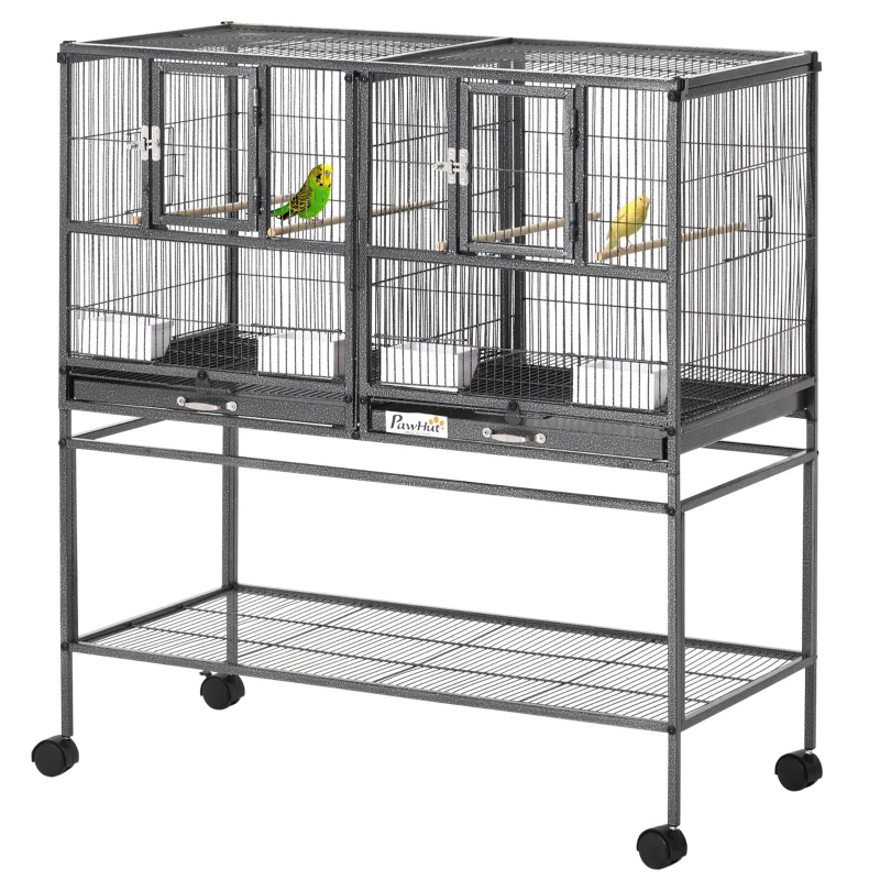 PawHut Divided Breeder Bird Cage with Rolling Stand Removable Metal Tray, Storage Shelf, Wood Perch, and Food Container
