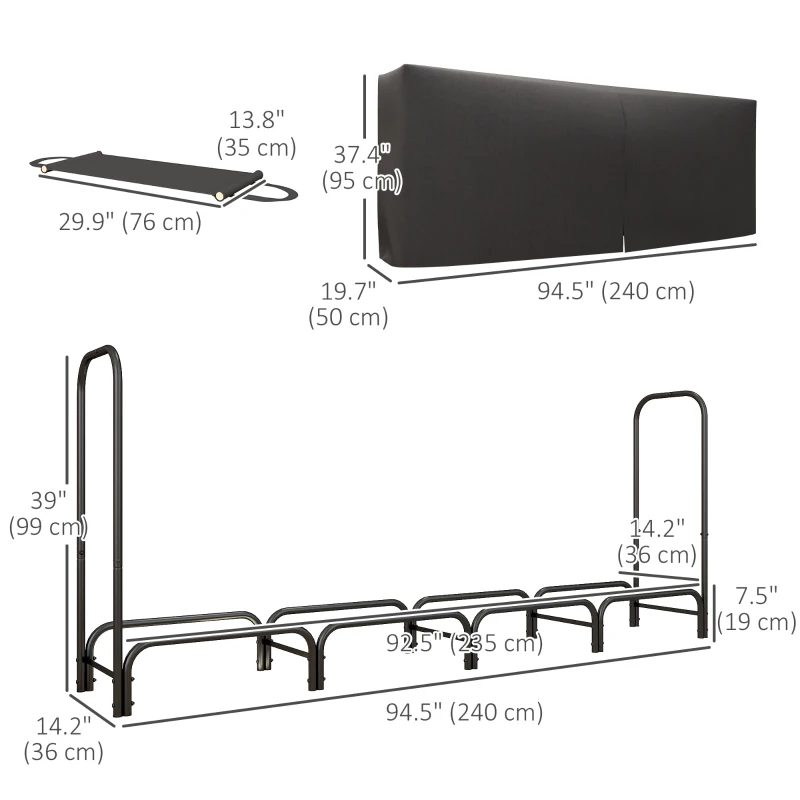 Outsunny 8ft Outdoor Firewood Rack with Cover and Carrier, Adjustable Wood Storage Holder, Indoor Outdoor Log Rack, Black