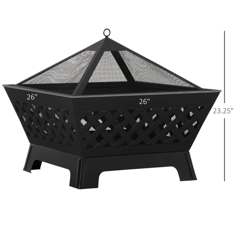 Outsunny 26 Inch Outdoor Fire Pits, Bonfire Wood Burning Firepit Bowl, Camping Fire Pit with Spark Screen Cover, Poker for Patio, or Backyard, Black
