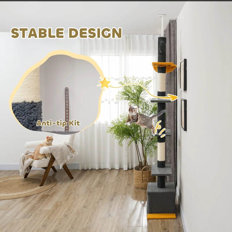 PawHut Floor to Ceiling Cat TreeTower with 90.5"-108" Adjustable Height, Scratching Posts, Hammock, Condo, Toy Ball, Dark Grey