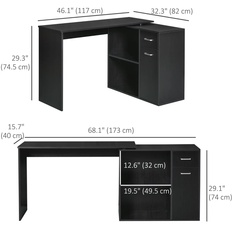 HOMCOM 180° Rotating Home Office Corner Desk Storage Shelf Cabinet Black
