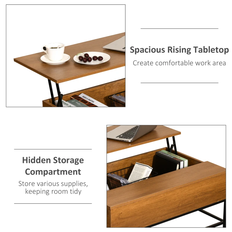 HOMCOM Lift Top Coffee Table with Hidden Storage Compartment Lift Tabletop Center Table for Living Room, Teak