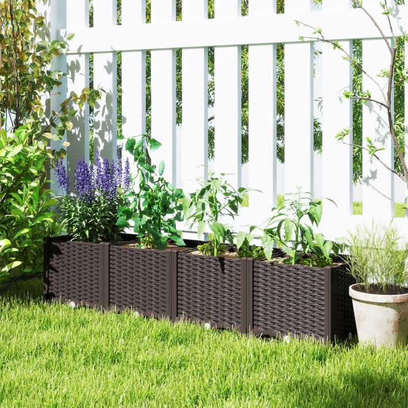 Outsunny Plastic Raised Garden Bed, Outdoor Planter Box with Drainage Holes for Patio, Balcony, 63" x 15.7" x 14.6", Brown